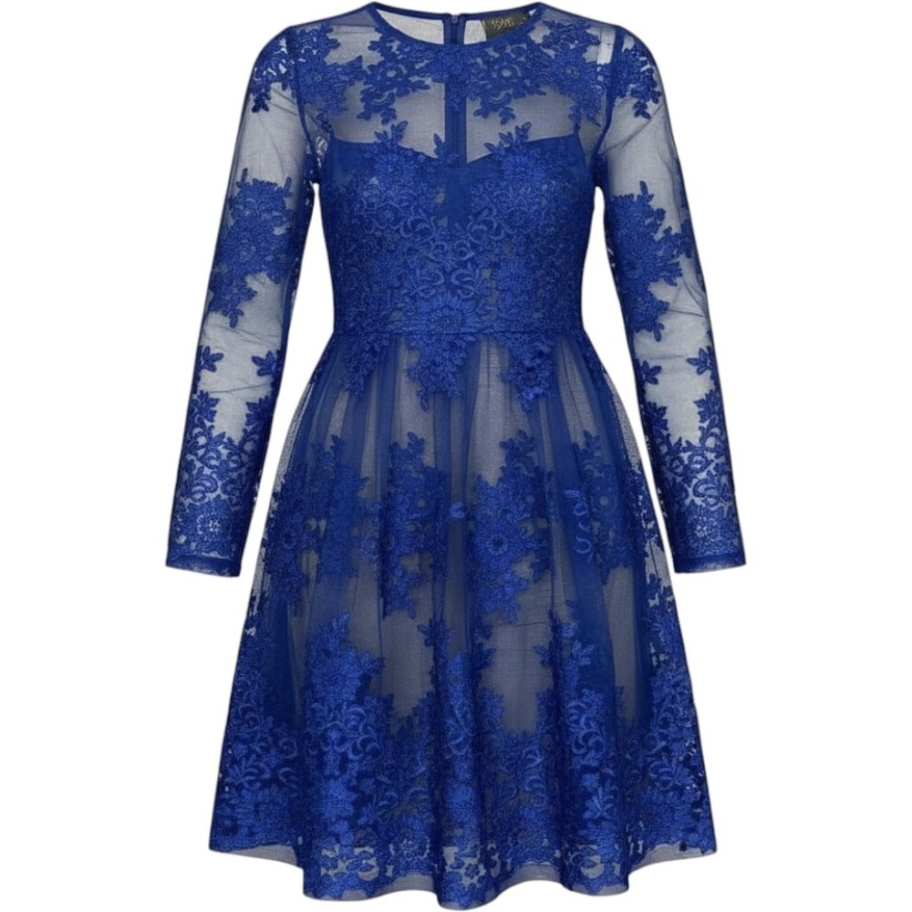 Womens Dress Sheer Mesh Floral Embroidered Wedding Event Blue 8